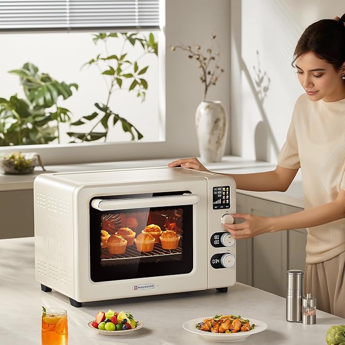 Hauswirt Toaster Oven Air Fryer, XL Large Convection Oven Countertop Rotisserie Chicken 42Qt 3-Tier for 5-8 People, 8 Mode Smart Toaster Stainless Steel 80째F - 500째F Quick & Even Crisp - Ivory