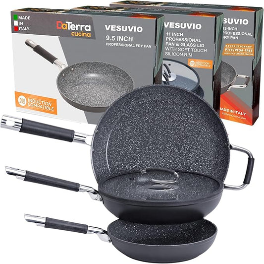 DaTerra Cucina Nonstick 3-Skillet Bundle ??9.5" and 13" Fry Pans, 11" Fry Pan with Glass Lid, Oven Safe, Nonstick Cookware, PTFE & PFOA Free, Durable Ceramic Coating - Made in Italy, Volcanic Black