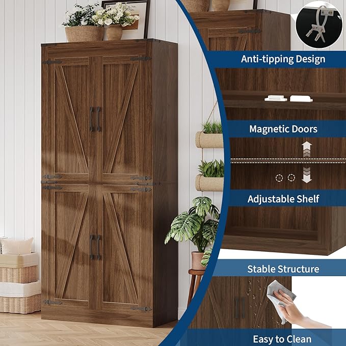 IDEALHOUSE 71" Tall Pantry Cabinet, Farmhouse Kitchen Pantry Storage Cabinets with 4 Doors and 5 Shelve, Large Narrow Food Storage Cabinet Cupboard for Dining Room Living Room