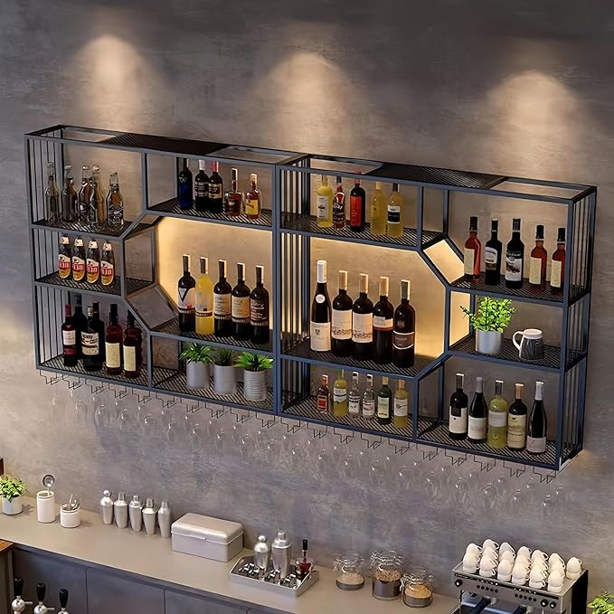 47 Inch Metal Wall-Mounted Wine Rack & Liquor Shelf, 5-Tier Large Bar Shelves for Liquor Bottles with Glass Holder, Alcohol Shelf for Home Bar & Dining Room, Black(Right, No Lights)