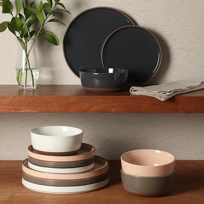 Gibson Elite Northrock Stoneware Dinnerware Set, 12-Piece Service for 4 Plates and Bowls Set ??Assorted Colors Blue, White, Pink, Gray Dishes with Hand-Painted Terracotta Base