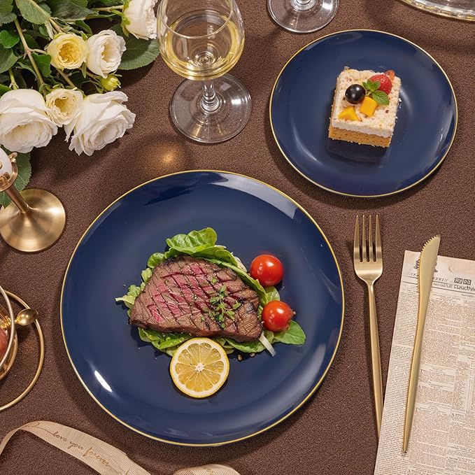 bUCLA 200PCS Blue Plastic Plates - Navy Blue Disposable with Gold Rim Include 100 Each (10 inch Dinner & 7 inch Dessert) Plates, Ideal for Party, Gathering and Hanukkah