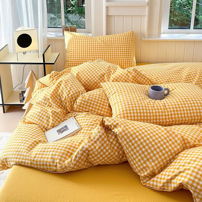 LifeTB Queen Comforter Set Modern Style Yellow Gingham Comforter Geometric Plaid Printed Bedding Comforter with 2 Pillow Shams Fluffy Lightweight Gingham Bedding Grid Checkered Comforter Set