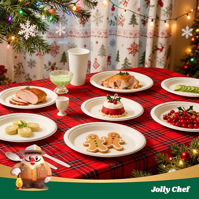 JOLLY CHEF Compostable Heavy Duty Plates ?윮?윭 ?뿙?뿻?뿰?뿵 [?윮?윶?윭 ?뿣?뿮?뿰?뿸] Eco-Friendly Disposable Uncoated Paper Plates Bagasse Biodegradable Bulk for Party Dinner Hot Cold Food Christmas (White)
