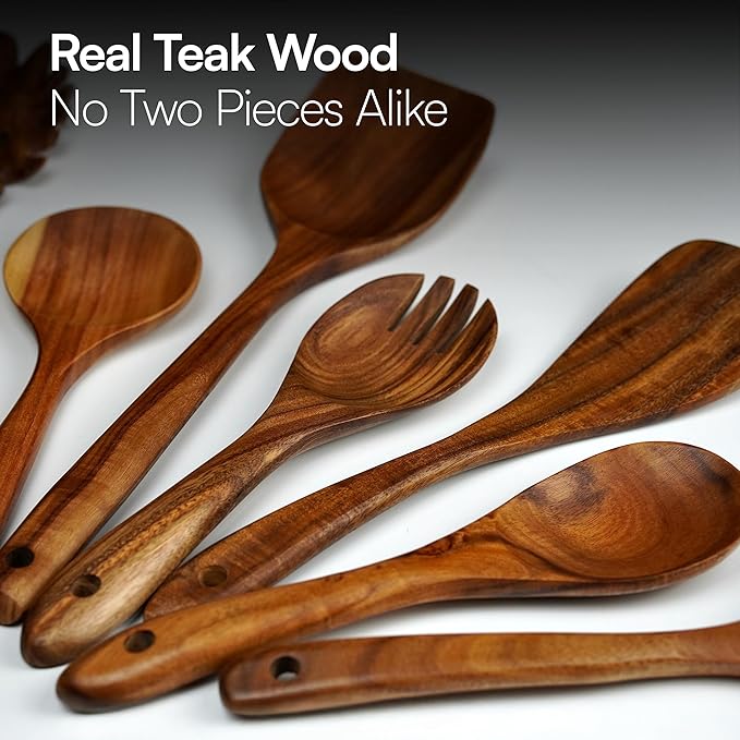 Premium Teak Wooden Utensil Set, 7-Piece Handcrafted Cooking Spoons & Spatulas ??Nonstick Safe, Durable, Heat-Resistant Wooden Utensils for Everyday Cooking