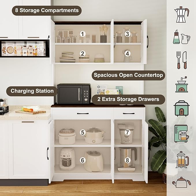 71" Pantry Cabinet with Charging Station, Kitchen Storage Cabinet with Microwave Stand, 8-Zone Organization, 2 Smooth-Glide Drawers, Open Countertop for Dining, Kitchen, Living Room (White)