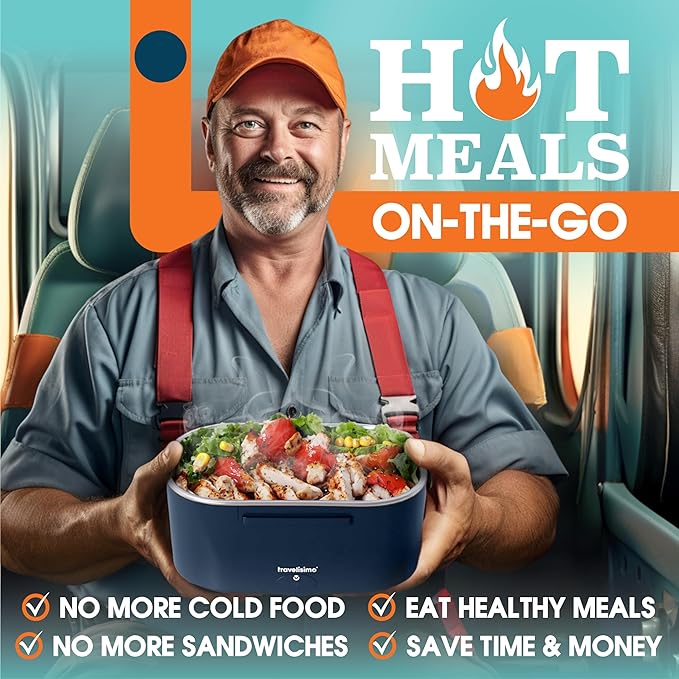TRAVELISIMO Electric Lunch Box for Adults 100W Heated Lunch Box For Men 1.5L Stainless Steel Portable Food Warmer, 12/24/110V Electric Food Warmers for Travel & Work Loncheras Para Hombres de Trabajo