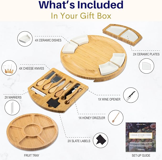 Extra Large Charcuterie Boards Gift Set: 16 in Round Bamboo Cheese Board and Knife Set, Cheese Tray - Unique for Mom, Wedding Gifts for Couple, House Warming Gifts New Home