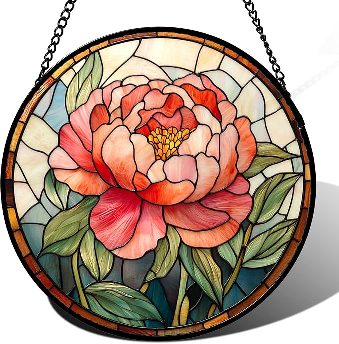 Stained Glass Window Hanging - Pink Peony Floral Suncatcher for Door Garden Yard Birth Flower Sun Catchers Decor Christmas Mother's Day Birthday Gifts for Women Mom Nana Wife Teacher 15 in