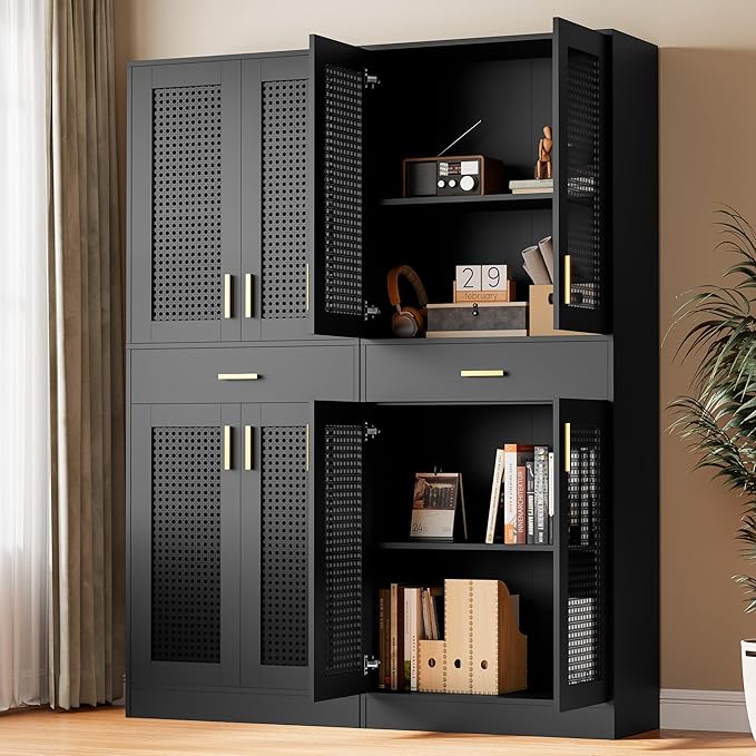 Cozy Castle Kitchen Pantry Cabinet, 71" Tall Rattan Doors Storage Cabinet with Large Drawer and Adjustable Shelves, Freestanding Rattan Pantry Cabinets for Kitchen, Dining Room, Living Room, Black