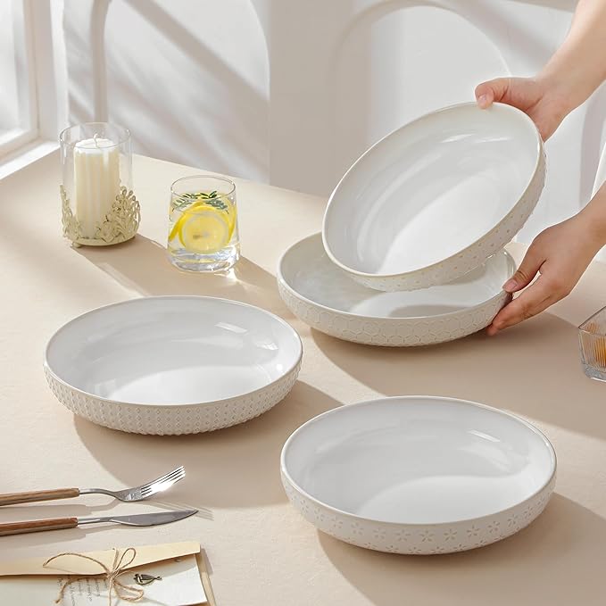 MALACASA Pasta Bowls 48 Oz, 9.5 Inch Large Salad Bowls, Modern Relief Design Ceramic Serving Bowls, Wide and Shallow Plates Pasta Plates, Microwave & Dishwasher Safe, Set of 4, Series LYDIA