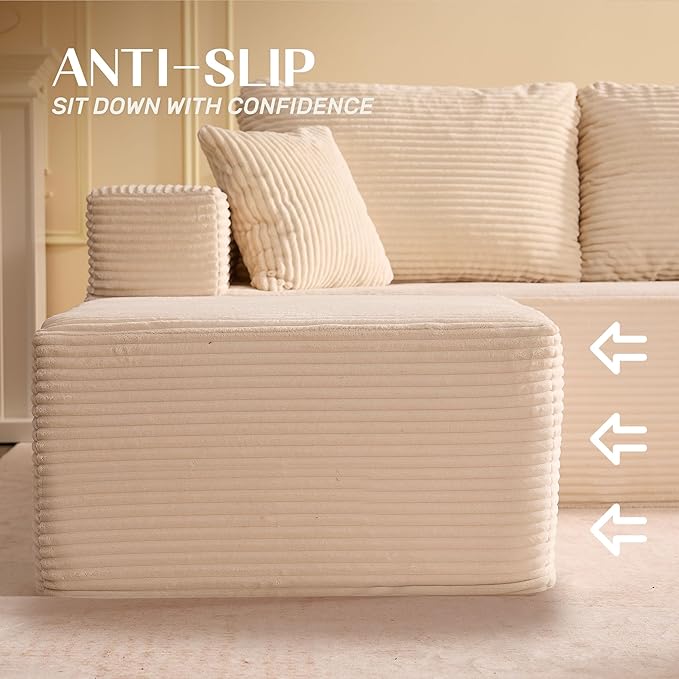 Chaise Lounge Chair, Boneless Couch for Living Room and Bedroom, Sleeper Couches Reading Chairs, Corduroy, White