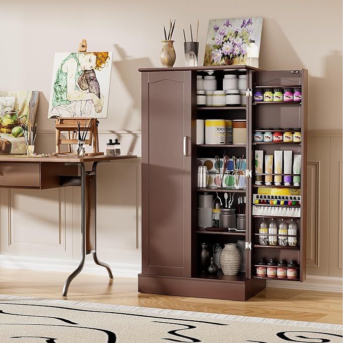 47??Pantry Cabinet, Kitchen Pantry Storage Cabinet with Doors & Adjustable Shelves, Brown Freestanding Buffet Cupboards Sideboard for Living Room and Dinning Room, Sturdy and Durable