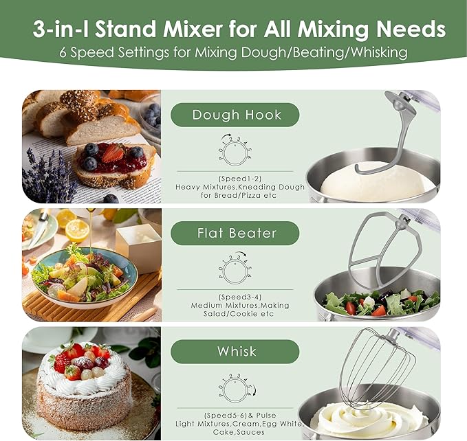 Kitchen in the box Stand Mixer - 8.5 Quart Electric Kitchen Standing Mixer 900 Watt for Heavy Bread Dough,Baking,Cake,Cream & Batters,Tilt Head Design (Green)