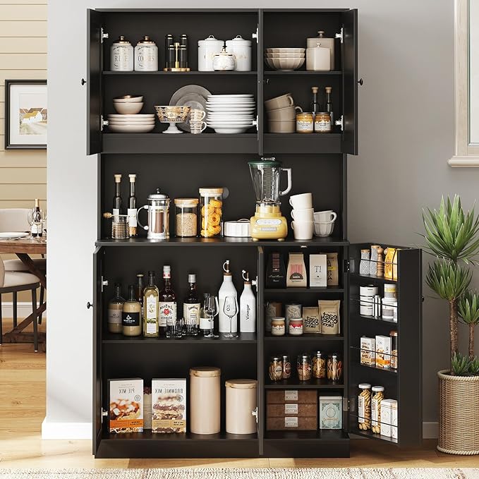 ONBRILL 71" Tall Kitchen Pantry Storage Cabinet with Microwave Stand & Door Shelf, Freestanding Kitchen Hutch with 6 Doors and Adjustable Shelves, Modern Food Pantry for Dining Room, Black