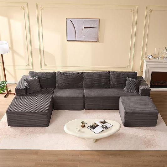 138" Boneless Couch with Deep Seat, Modular Sectional Sofa, Cloud Sectional Couch for Living Room, No Assembly Required, Corduroy, U-Shape 4 Seater Left, Gray