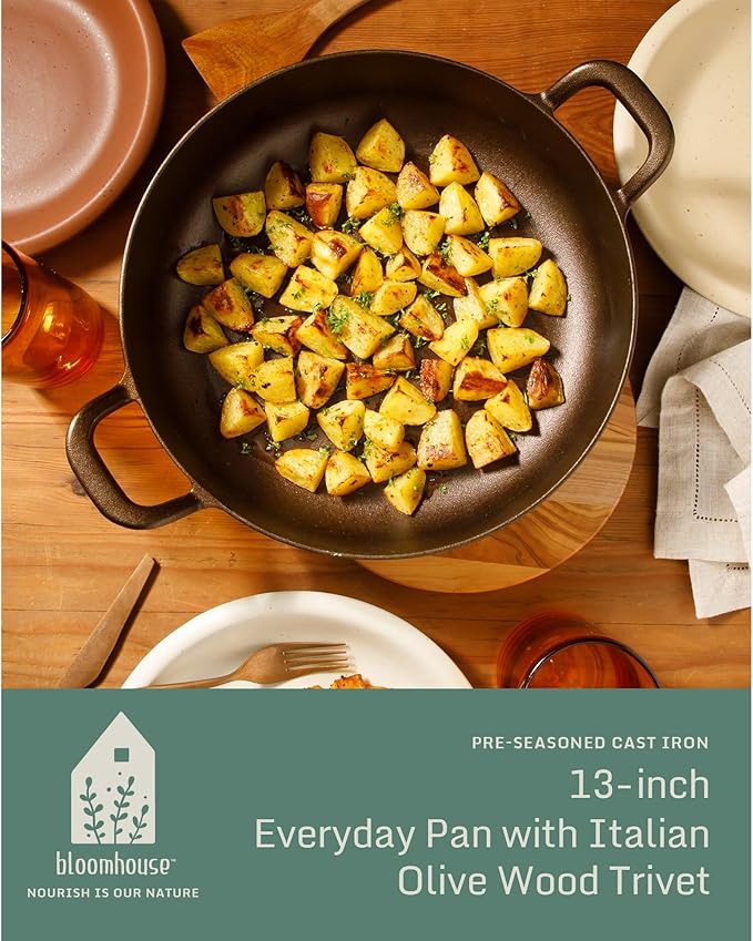 Bloomhouse - Two Time Oprah's Favorite Things Winner - Natural Bronze Finish 13" Round Cast Iron Everyday Pan ??Olive Oil Treated Surface w/Dual Handles Olive Wood Trivet Oven Stovetop Campfire Safe