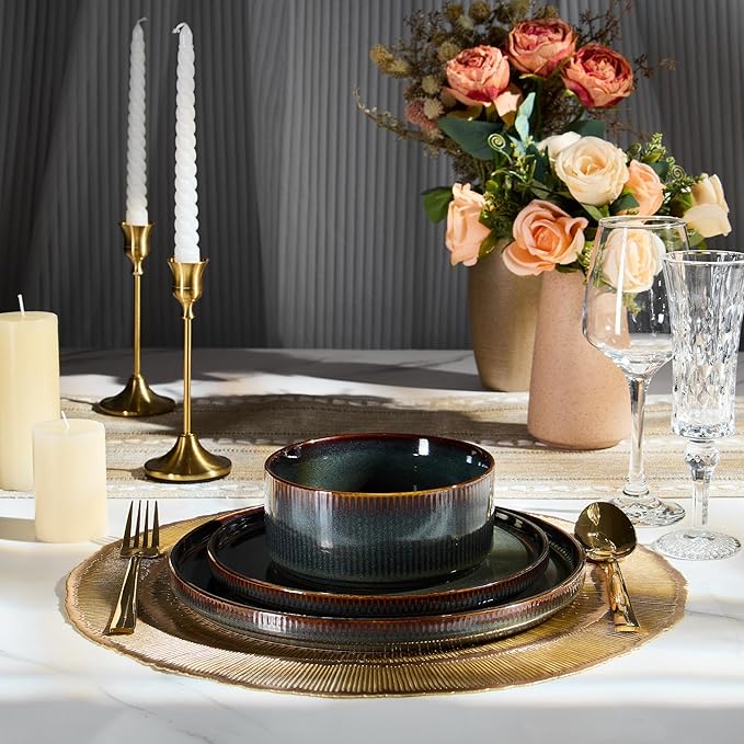 E-far 16 Piece Dinnerware Sets, Plates and Bowls with Pasta Bowls Service for 4, Modern Stoneware Ribbed Dishes for Kitchen Dining, Microwave & Dishwasher Safe, Blackish Green
