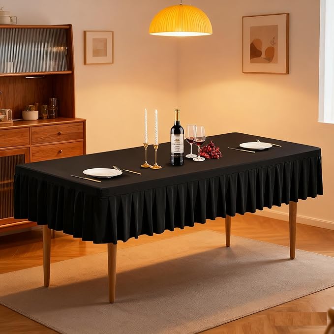 Wish Care Black Spandex Table Clothes for 4 Foot Rectangle Tables Wrinkle Free Stretch Fitted Tablecloth 4ft Pleated Ruffle Elastic Table Cover Skirt for Banquet Dining Outdoor Home Party Tablecloth
