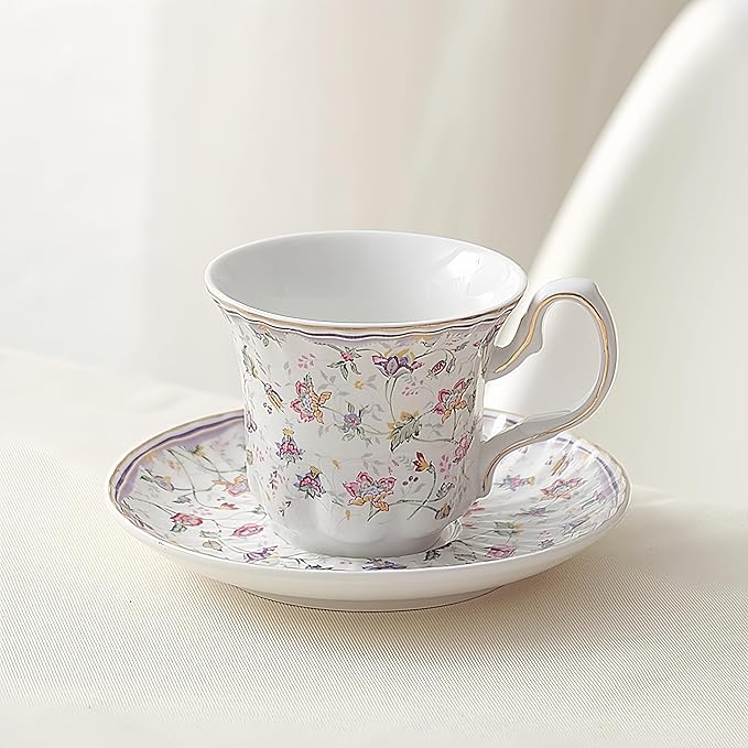 GOMMO Vintage Style Floral Tea Cup and Saucer Set for 1, English Elegant Fine China Tea Cup, 7 oz Cappuccino Espresso Latte Mug (1, Vintage Floral)