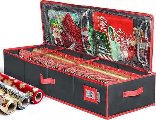 HOLDN??STORAGE Premium Wrapping Paper Storage Container - Durable 600D Tear-Proof, Fits 27 Rolls Gift Wrap, Extra Pockets for Ribbons & Bows, Underbed Storage - Ideal for Holiday Christmas, Black