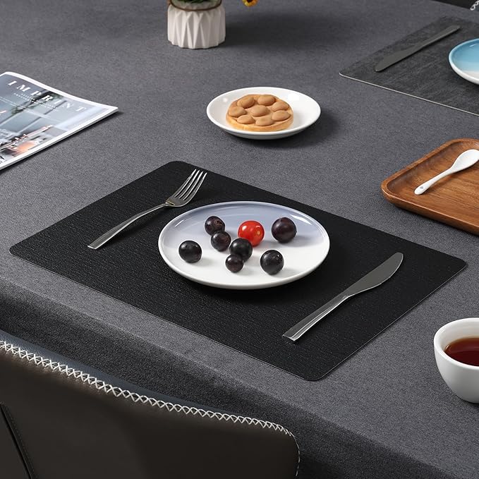 Myir JUN Placemats Dual Sided, Faux Leather Place Mats Set of 6 Indoor Placemats for Dining Table Outdoor Placemats Manteles Individuales Square Non-Slip Washable Table Mats (Gray Black, Set of 6)
