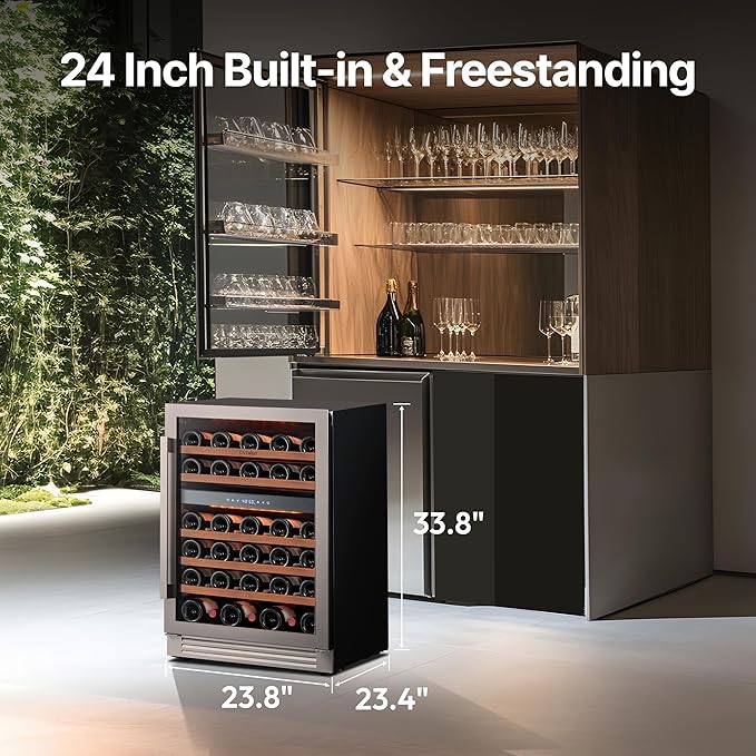 Ca'Lefort 24 Inch Wine Fridge, 61 Bottle Wine Cooler Refrigerator, 40-65°F Wine Refrigerator Glass Door, 3 LED Wine Fridge, Built-in or Freestanding Fridge for Home/Bar/Kitchen (5.65 cu.ft)