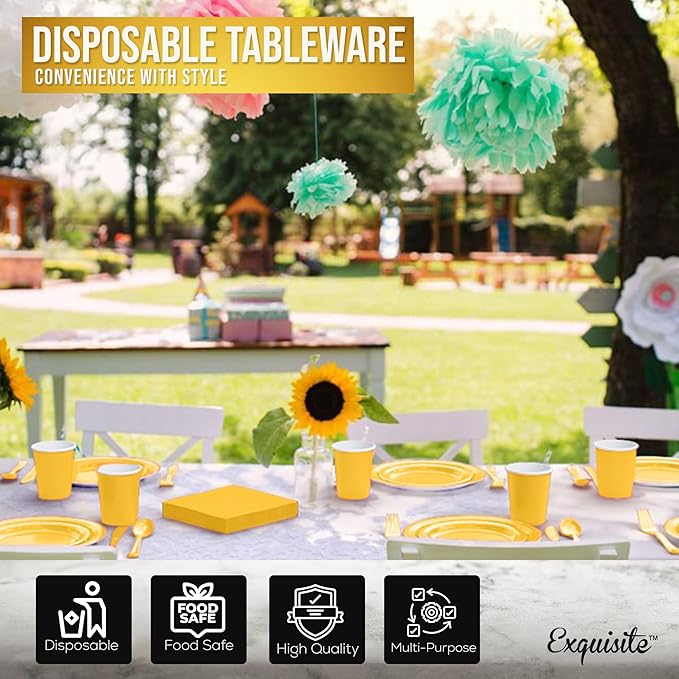 Exquisite 350 Pieces Yellow Paper Plates For Party, Yellow Disposable Plates Set, 50 Of Each 9" Dinner Plate Set, 7" Dessert Plate, Cups, Napkins & Cutlery Paper Dinnerware
