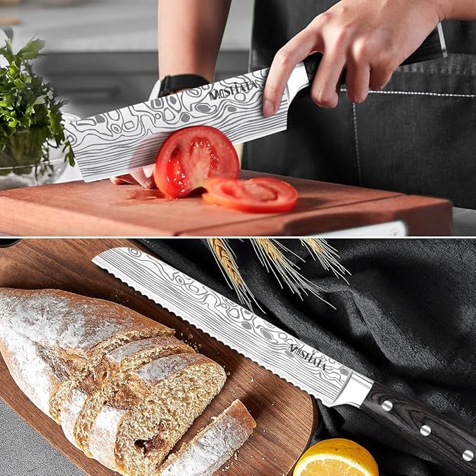 MOSFiATA 5 PCS Chef Knife Set, German High Carbon Stainless Steel Kitchen Knife Set with Sharpener Rod竊?PCS Blade Guard,Wood Handle Knives Set for Kitchen with Gift Box