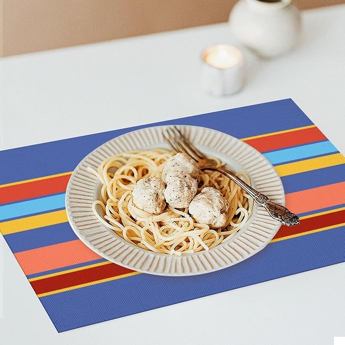Modern Orange Blue Yellow Coral Stripes Placemat, Set of 4 Heat Resistant PVC Place Mats for Kitchen Table