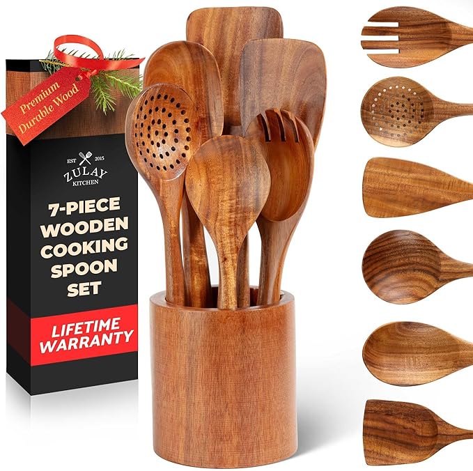 Zulay Kitchen 7-Piece Wooden Cooking Spoons Set ??Heat-Resistant, Smooth Teak Utensils with Comfort Grip ??Lightweight & Durable ??Easy to Clean, Perfect for Non-Stick Cookware
