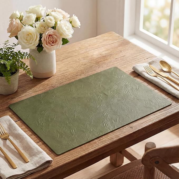 Artoid Mode Olive Green Faux Leather Placemats Set of 6, 12x18 Inch Waterproof Wipeable Heat Resistant Place Mats, Reversible Table Mats for Kitchen Dining Decor