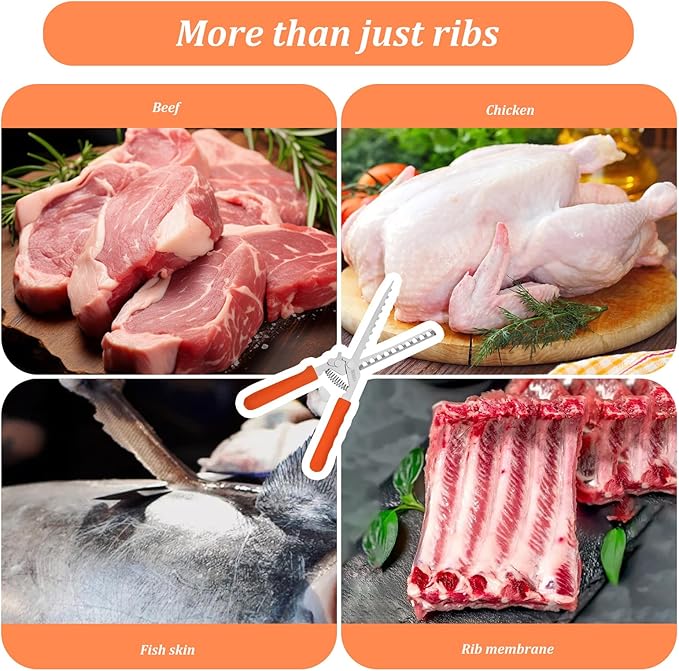 PRC STANDARD Rib Membrane Remover Tool, 304 Stainless Steel Rib Skin Puller with Sharp Tip, Non-Slip Silicone Handle, Heavy-Duty BBQ Rib Membrane Peeler for Pork Ribs, Grill & Smoking Prep Orange