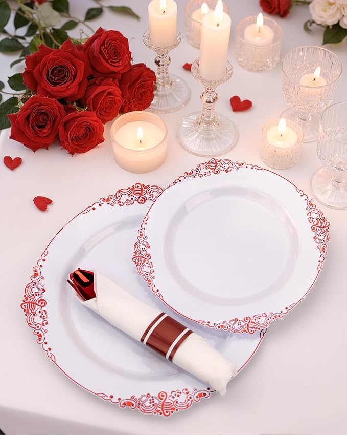 Nervure 350PCS Red Plastic Plates - White Red Plastic Dinnerware Set for 50 Guests - 100 Red Disposable Plates, 50 Pre Rolled Cutlery Set, 50 Cups Perfect for Wedding, Party