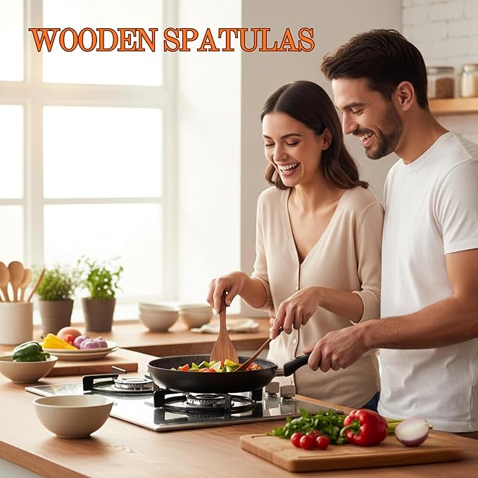 Wooden Spatula for Cooking - Wooden Spoons for Cooking - 12.5 Inch Teak Spatulas for Nonstick Pans - Wood Cooking Utensils - Wood Kitchen Utensils Set of 2 - Bamboo Spatulas - Wooden Turner Spatula