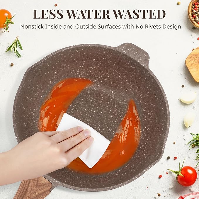 AOSION 11 Inch Nonstick Ceramic Deep Frying Pan Skille with Lid,5QT Saut챕 Pan for Cooking with Steam Rack,Healthy Large Skillet,Stay Cool Handle, Induction Compatible, PFOA & PFAS Free. (BROWN)