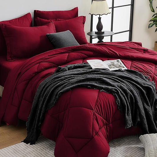 HEVUMYI Red Queen Comforter Set - 7-Piece All Season Bed in a Bag Queen, Ultra Soft Bedding Set with Comforter, Flat Sheet, Fitted Sheet, Pillowcases, Pillow Shams