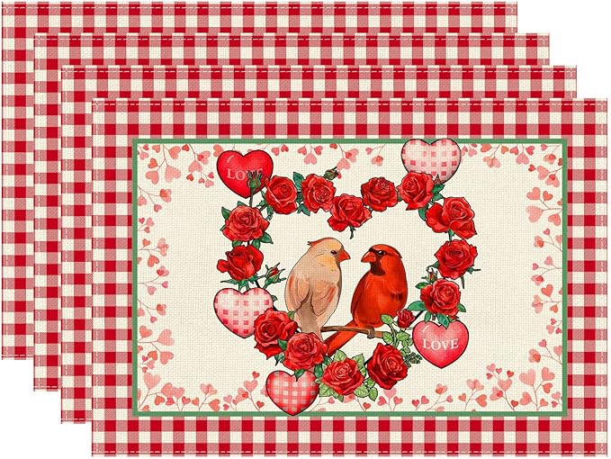 XCHI Plaid Roses Flowers Love Hearts Cardinal Valentine's Day Placemats Set of 4 Table Mats for Party Home Kitchen Dining Table Decorations 12x18 Inch