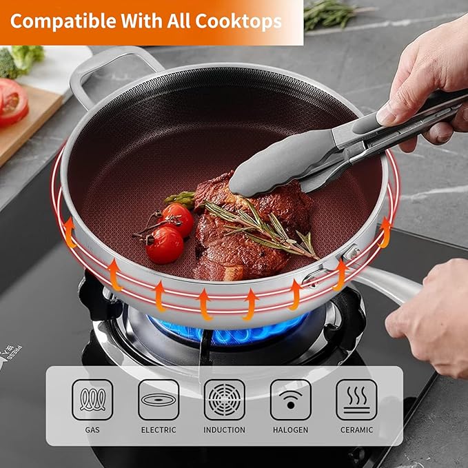 DELARLO Frying Pan,12 inch Tri-Ply Stainless Steel Skillet,6 Quart Saute Pan with lid, Compatible with All Cooktops,Oven Up to 660??Chicken Fryer,Dishwasher-Friendly