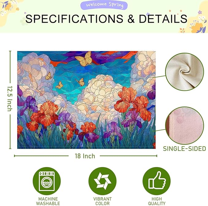 Jauageon Spring Iris Placemat Set of 4 Stained Glass Style Floral Placemats Flower Butterfly Table Mats for Indoor Outdoor Home Party Kitchen Dining Decor Farmhouse Burlap Table Mats 12x18 Inch