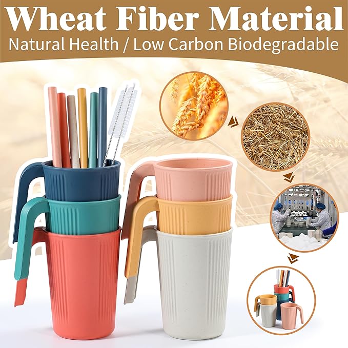 Wheat Straw Coffee Mugs 6-Pack??Unbreakable & Lightweight Cups, 12oz Stackable Cups with 6 Detachable Straws & 2 Cleaning Brushes (Colorful, 12, Fluid Ounces)