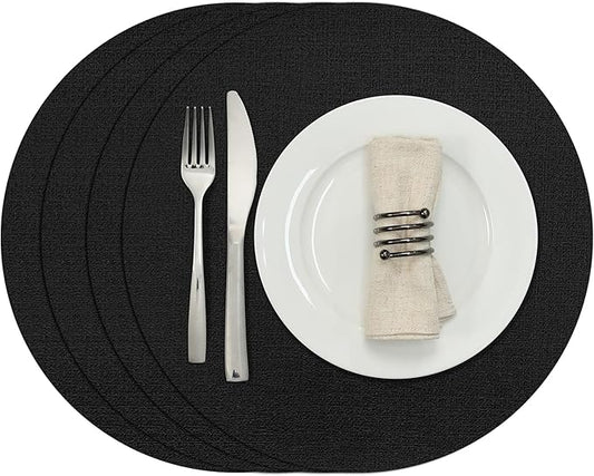 Myir JUN Round Placemats, Dual Sided Faux Leather Place Mats Set of 4 Indoor/Outdoor Non-Slip Washable Table Mats (Black, 4 Pack)