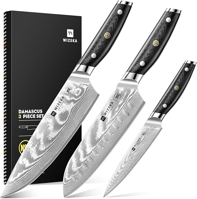 WIZEKA Damascus Chef Knife Set: 3 PCS,Super Sharp Kitchen Knives: Made of Japanese Steel VG10: Full Tang Professional Chef Knife Set With G10 Ergonomic Handle