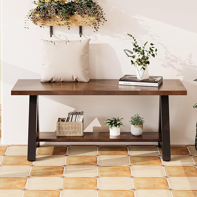 Welfuturer Farmhouse Wood Bench Industrial Entryway Bench Rustic Wood and Metal Shoe Storage Bench for Entryway, Living Room, Dining Room
