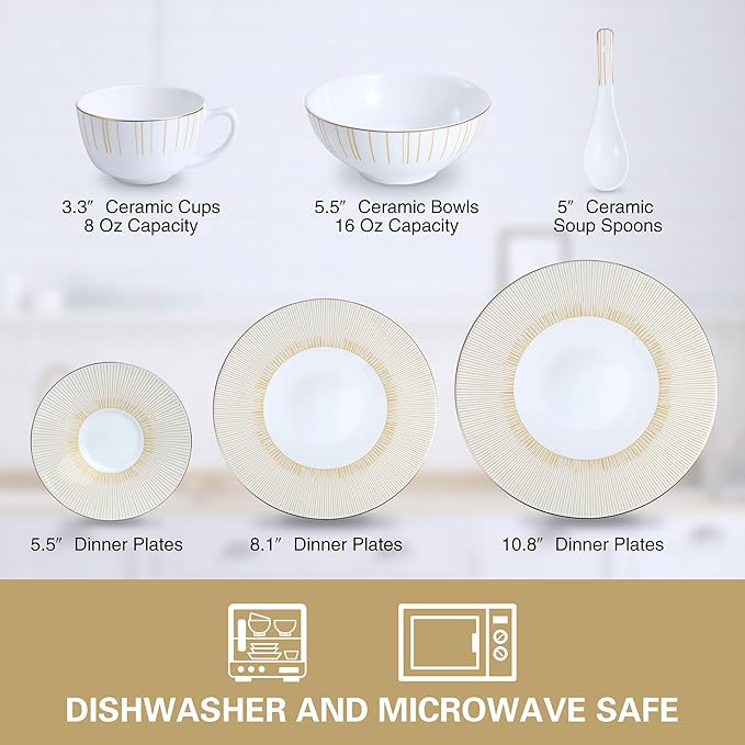 24 Piece White Porcelain Dinnerware Set for 4, Sunburst Design Plates and Bowls Sets with Gold Rim,Highly Chip and Crack Resistant | Dishwasher Safe Dishes Set