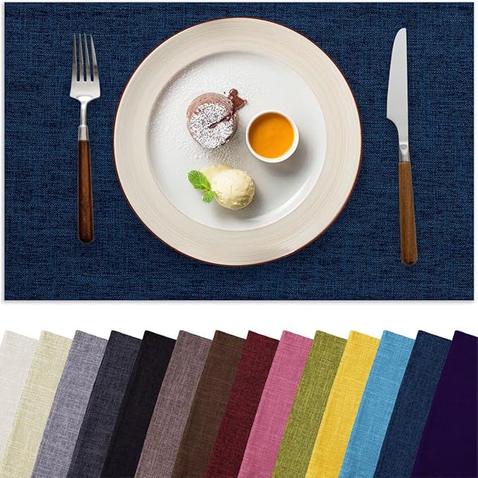 Aironment Placemats Set of 4, Bilayer Thickened Linen Place Mats Heat Resistant Machine Washable Wrinkle Free Carefully Selected Polyester Mats for Kitchen/Dining/Coffee Table (Navy Blue)
