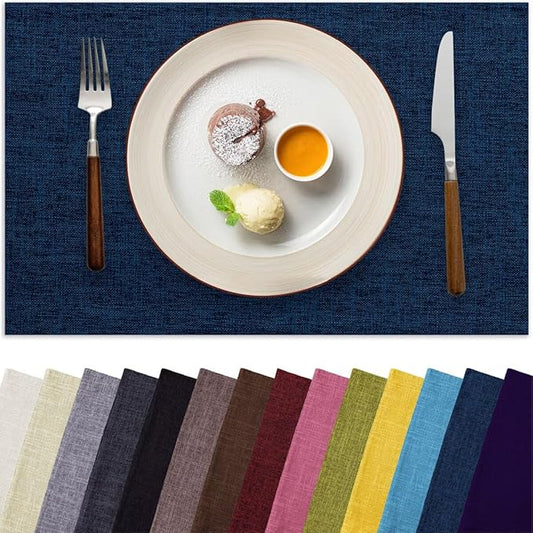 Aironment Placemats Set of 4, Bilayer Thickened Linen Place Mats Heat Resistant Machine Washable Wrinkle Free Carefully Selected Polyester Mats for Kitchen/Dining/Coffee Table (Navy Blue)