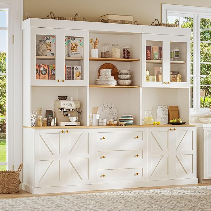 71" Farmhouse Kitchen Pantry Cabinet Set of 3, White Freestanding Coffee Bar Hutch with Glass Doors, Drawers & Adjustable Shelves, Large Storage Cabinet with Microwave Stand for Living Room & Kitchen