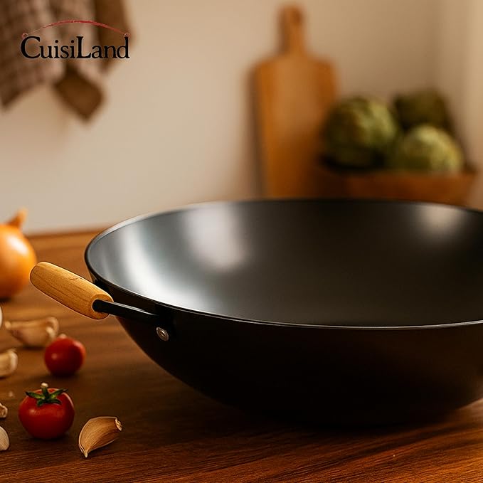 Cuisiland 14??Nitrided Cast Iron Wok ??Double-Handle Skillet, Rust-Resistant, Naturally Non-Stick, Beechwood Handles, Classic Cast Iron Heat Retention for Stir-Frying
