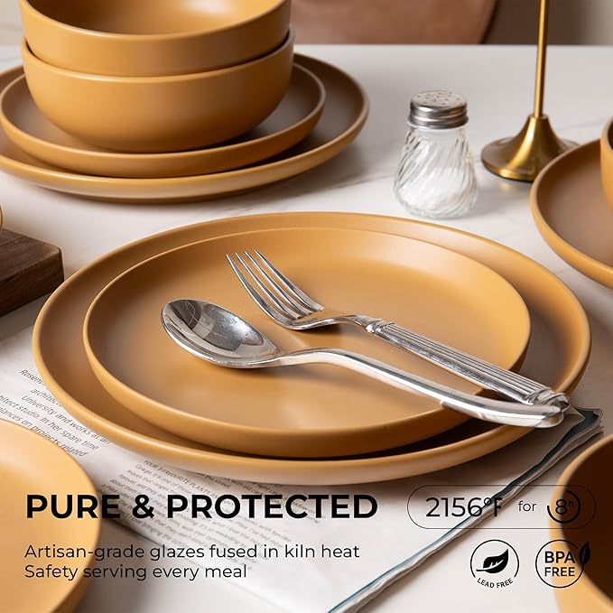 Furrnook 12-Piece Stoneware Dinnerware Set with Mugs | Microwave and Dishwasher Friendly | Stackable Matte Glaze Plates & Bowls | Service for 3 (Orange for 4)